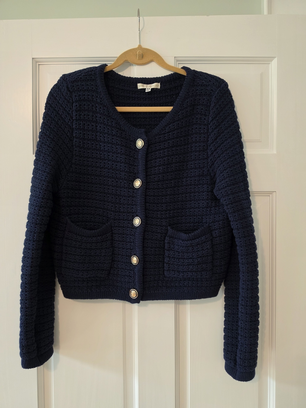 We're All Pretty Girls Classic Navy Crochet Button-Front Cardigan  Sweater